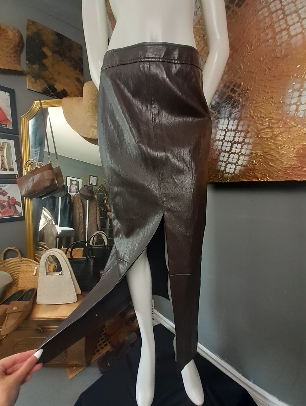 Zara Nwt Faux Leather High-Slit Midi Skirt - Dark Brown
